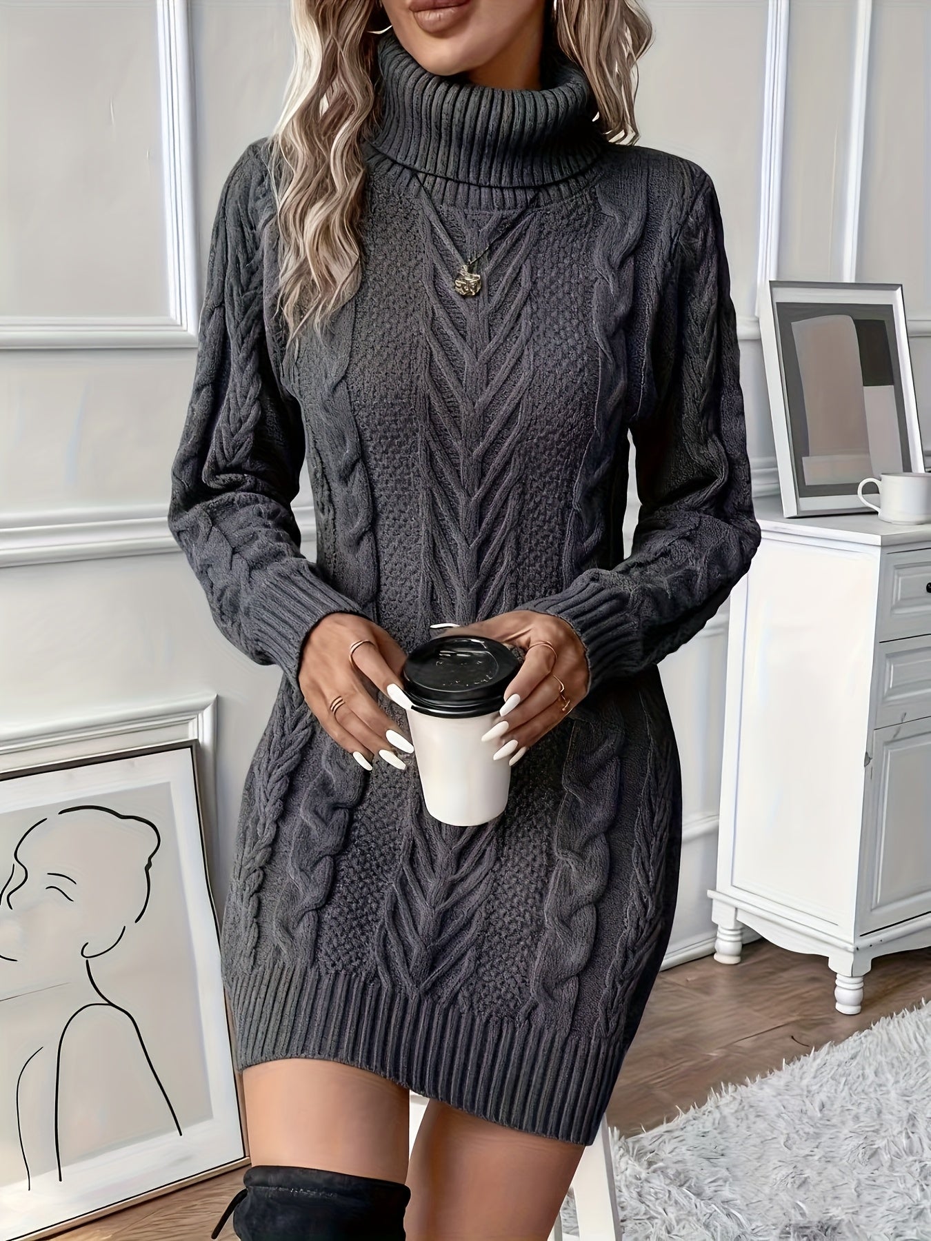 Robe pull col roulé femme en maille torsadée