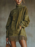 Robe Pull Col Roulé Suédine Franges Femme - Vert