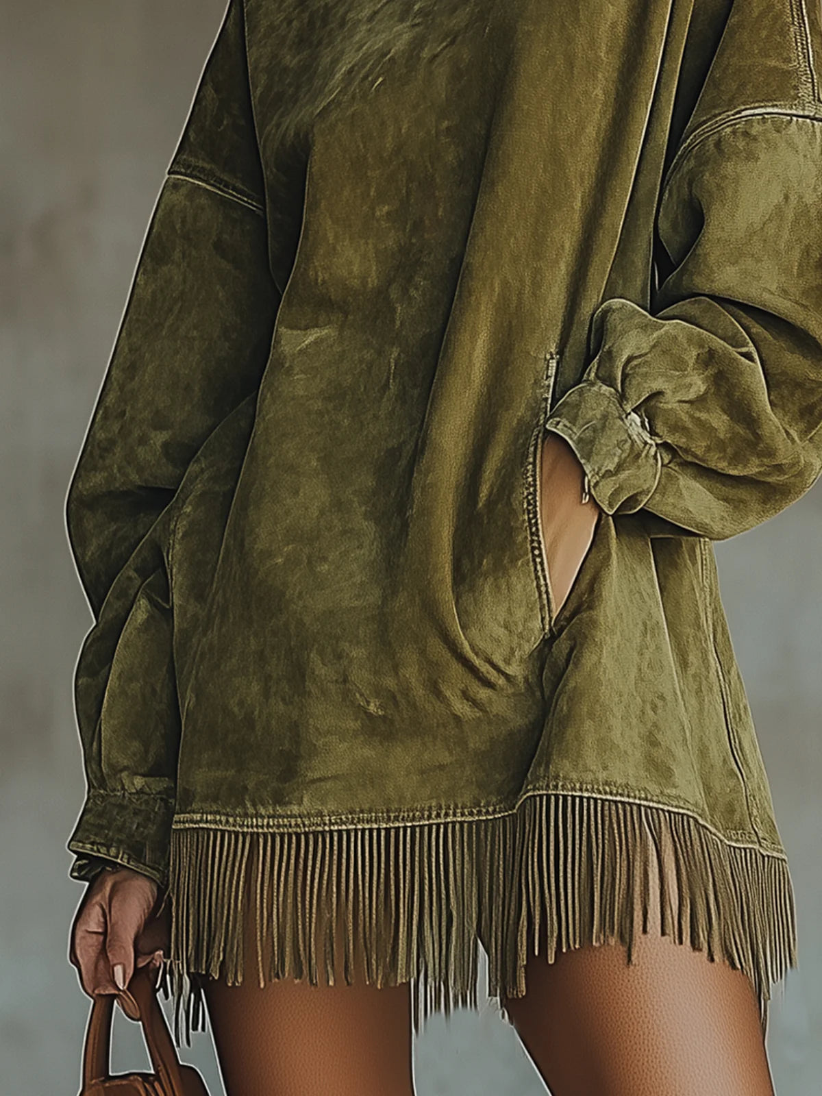 Robe Pull Col Roulé Suédine Franges Femme