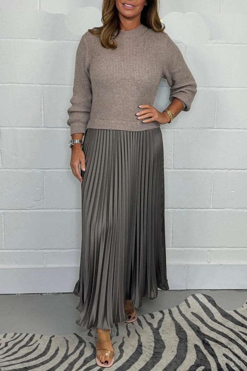 Robe Pull Femme Jupe Plissée Midi Col Rond Manches Longues