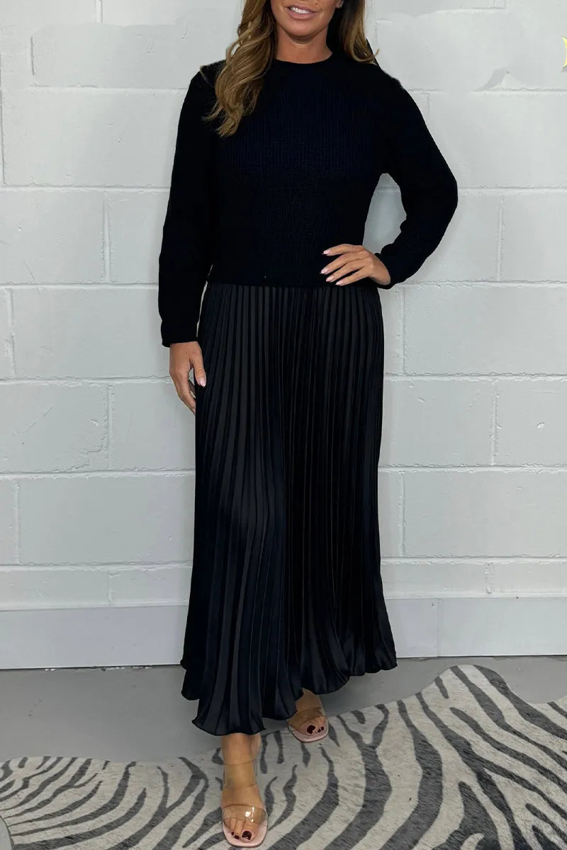 Robe pull en maille femme jupe plissée midi col rond manches longues