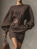 Robe pull en maille femme, manches longues, ceinturée