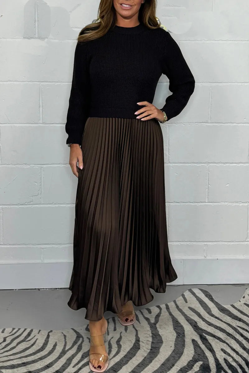 Robe pull en maille femme jupe plissée midi col rond manches longues
