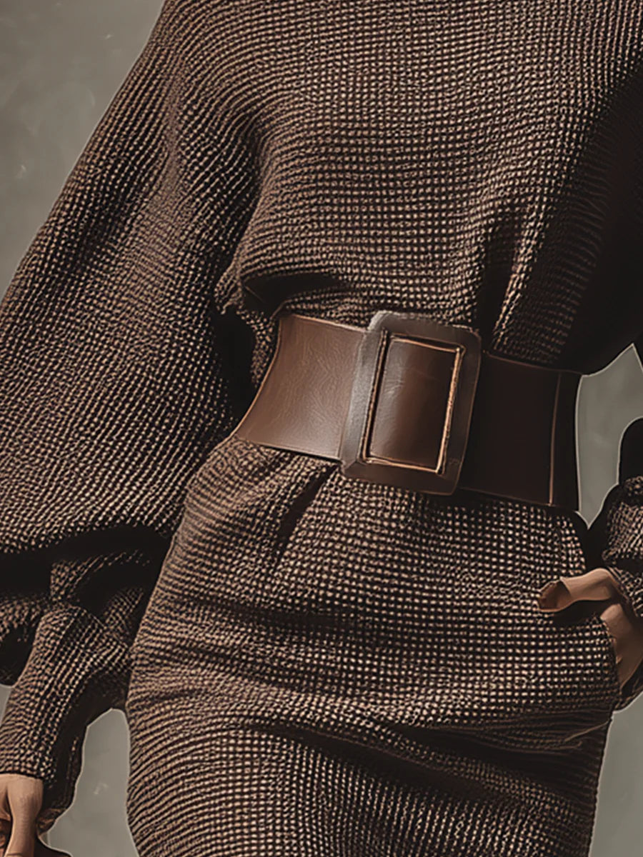 Robe pull en maille femme, manches longues, ceinturée