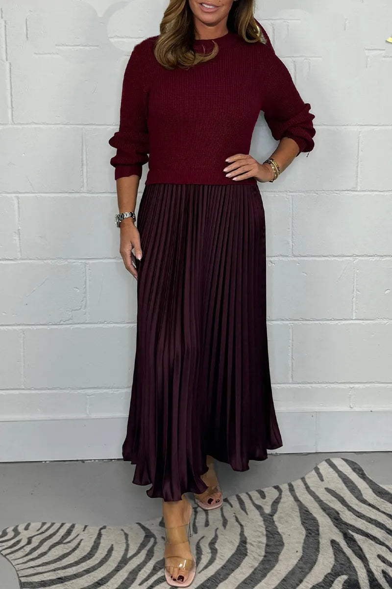 Robe pull en maille femme jupe plissée midi col rond manches longues