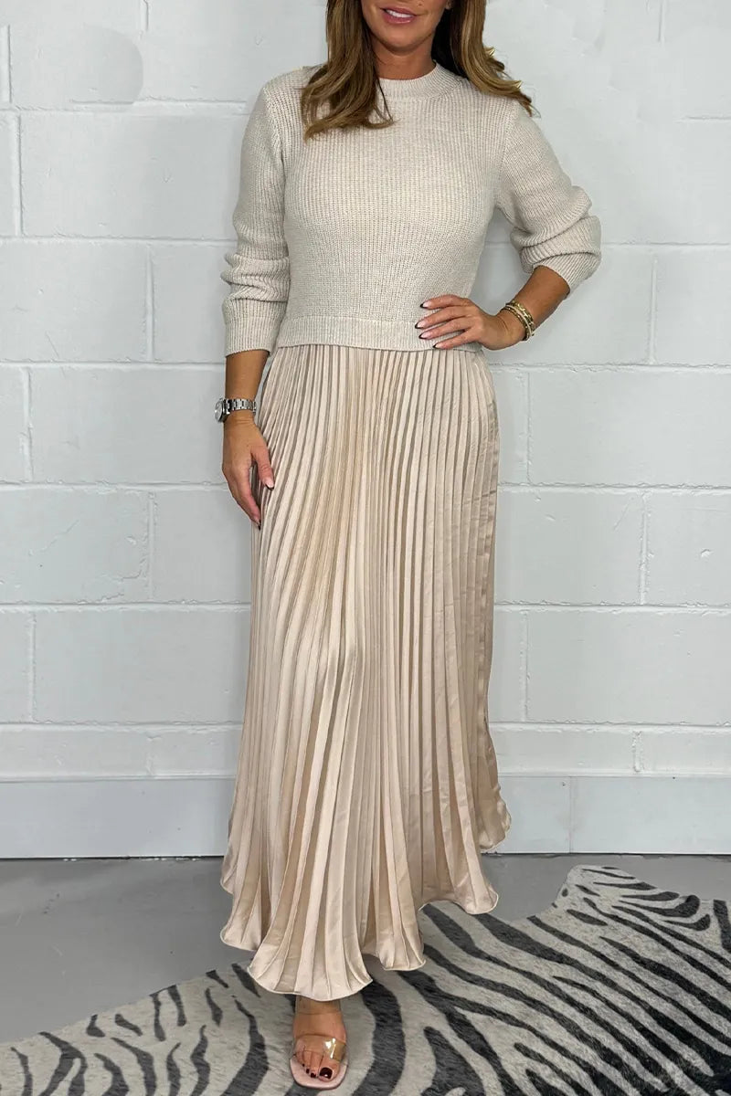 Robe pull en maille femme jupe plissée midi col rond manches longues
