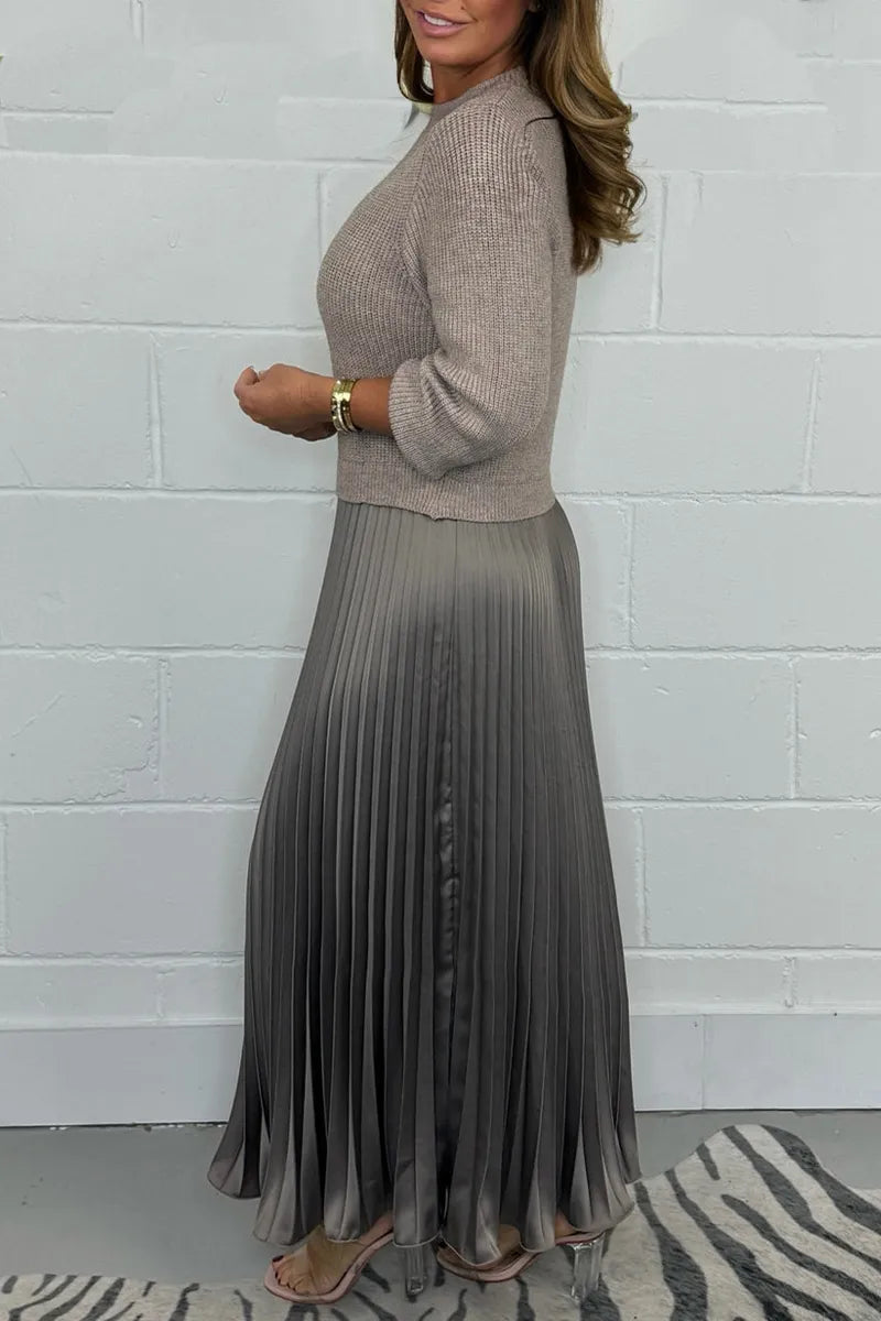 Robe pull en maille femme jupe plissée midi col rond manches longues