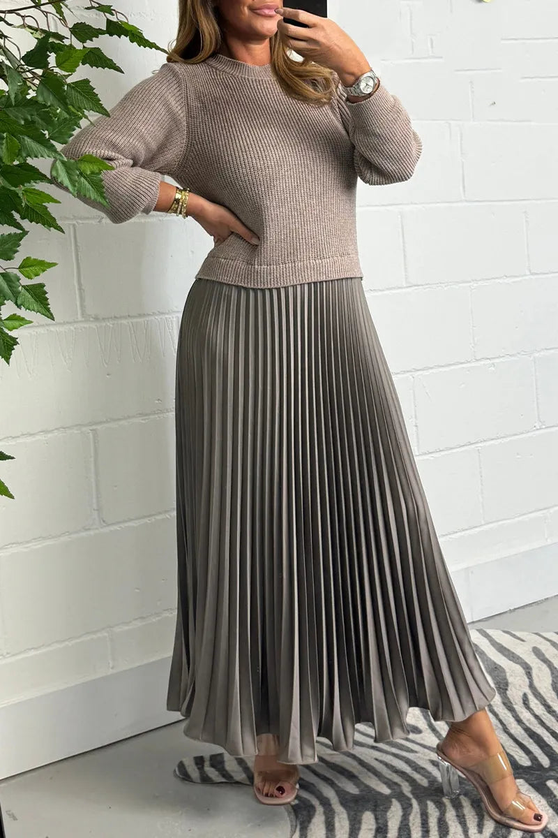 Robe pull en maille femme jupe plissée midi col rond manches longues