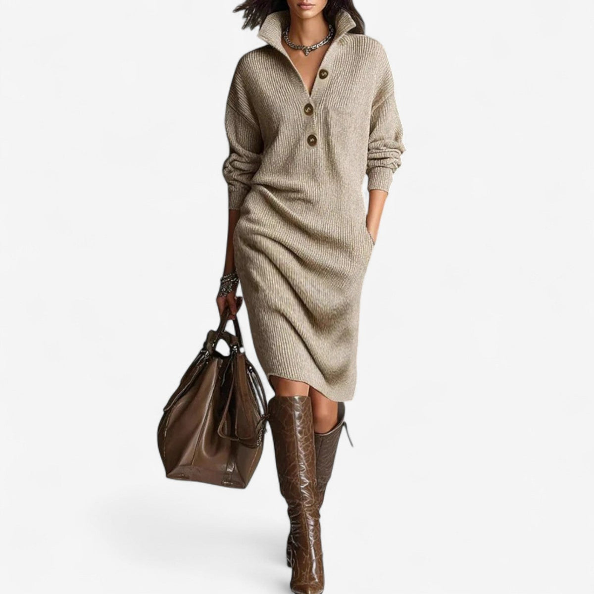 Robe pull en maille femme col boutonné longueur midi oversize