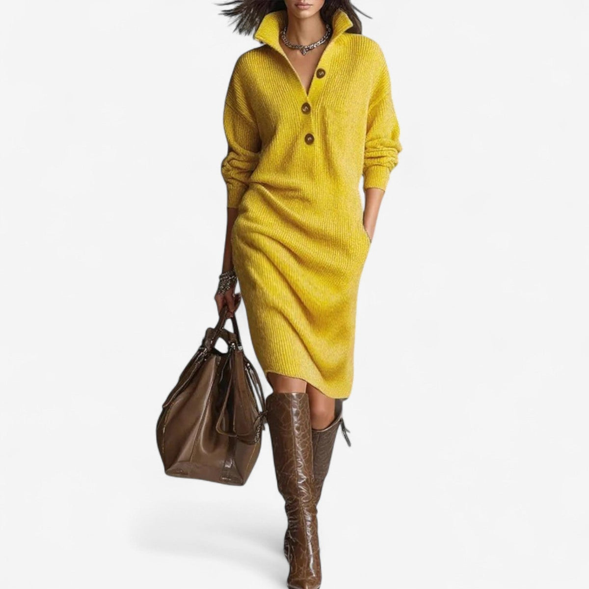 Robe pull en maille femme col boutonné longueur midi oversize