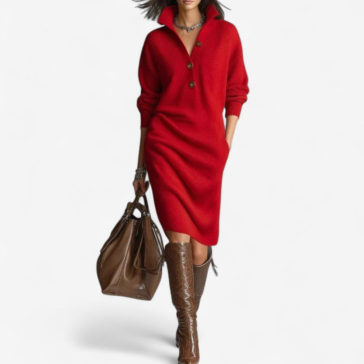Robe pull en maille femme col boutonné longueur midi oversize