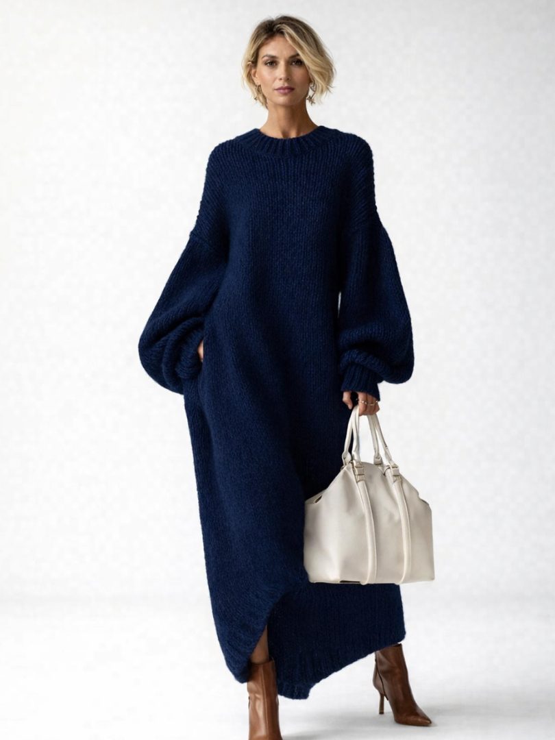 Robe pull oversize femme maxi maille épaisse - Marine