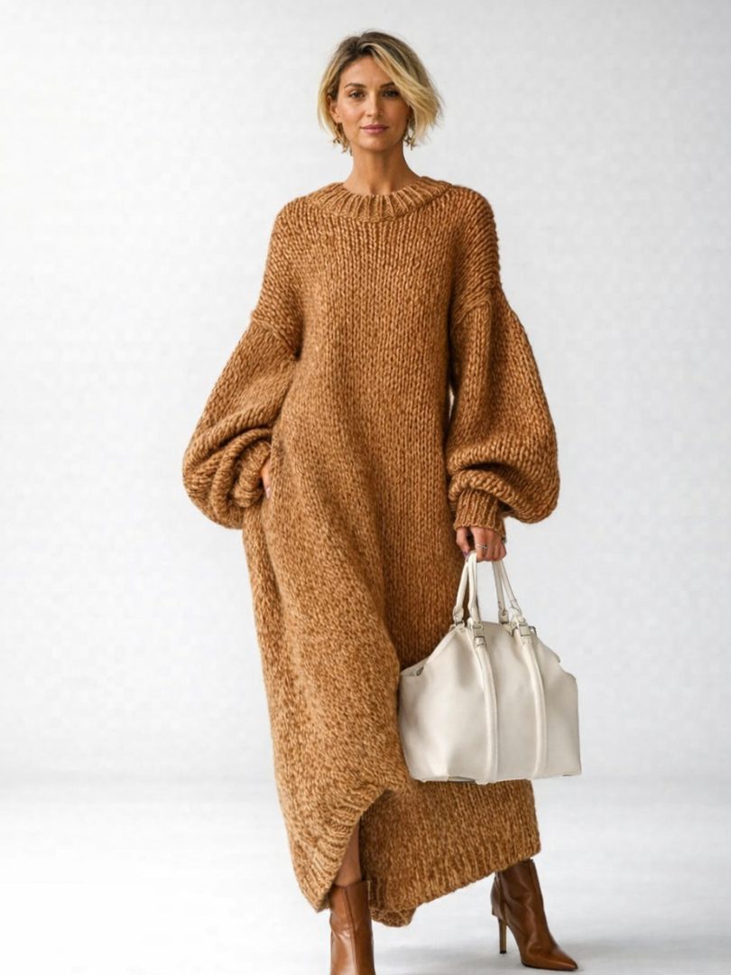 Robe pull oversize femme maxi maille épaisse - Marron