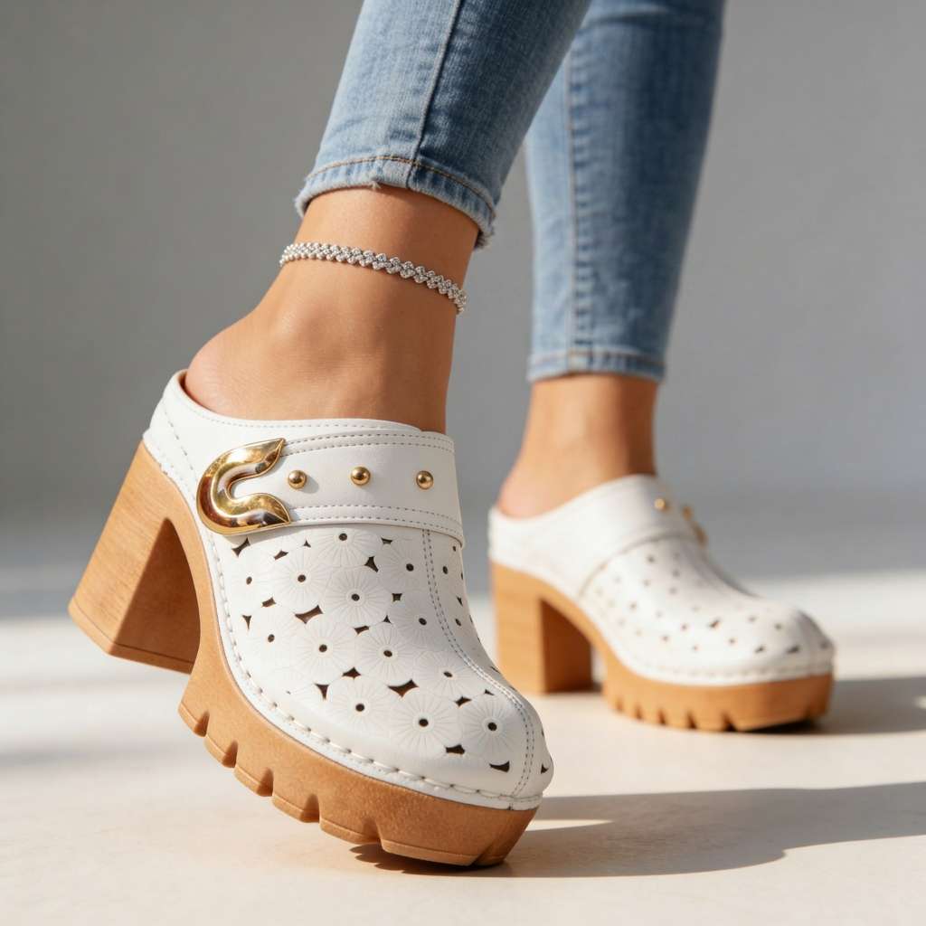 Sabots orthopédiques plateforme femme motif floral - Blanc