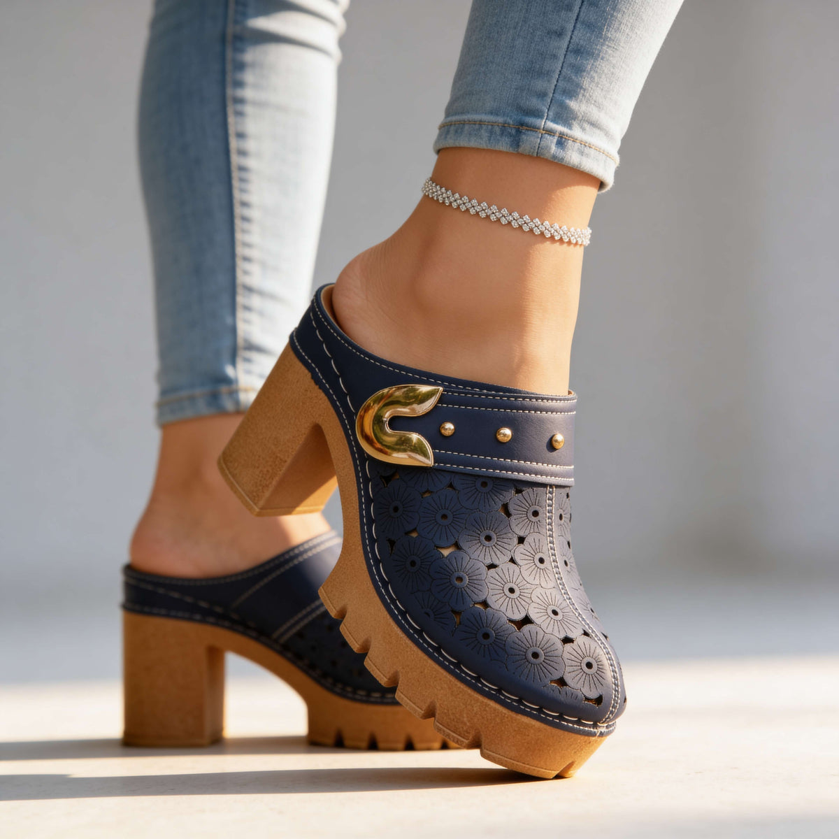 Sabots orthopédiques plateforme femme motif floral - Marine
