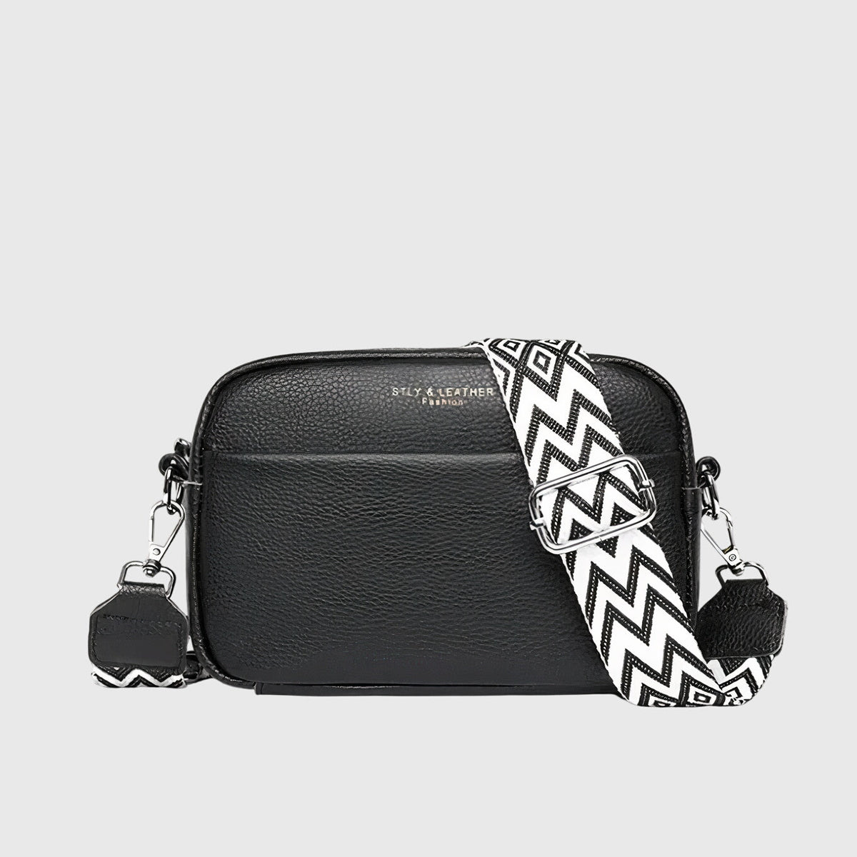 Sac bandoulière en cuir femme à large sangle tressée - Noir