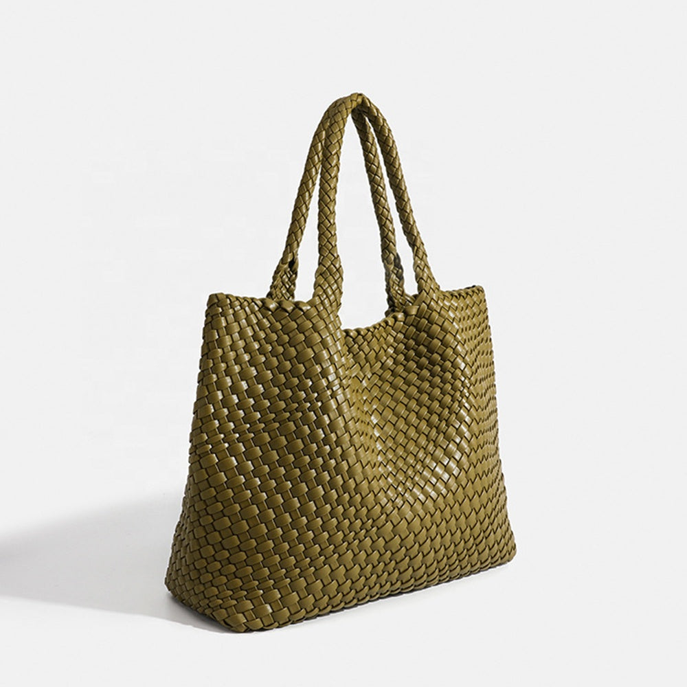 Sac Cabas Femme Tressé Effet Cuir - Vert Olive