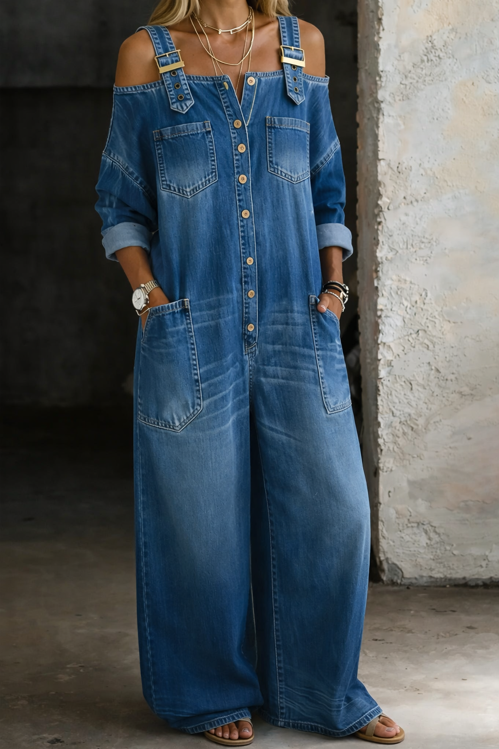 Salopette en denim coton épaules dégagées femme