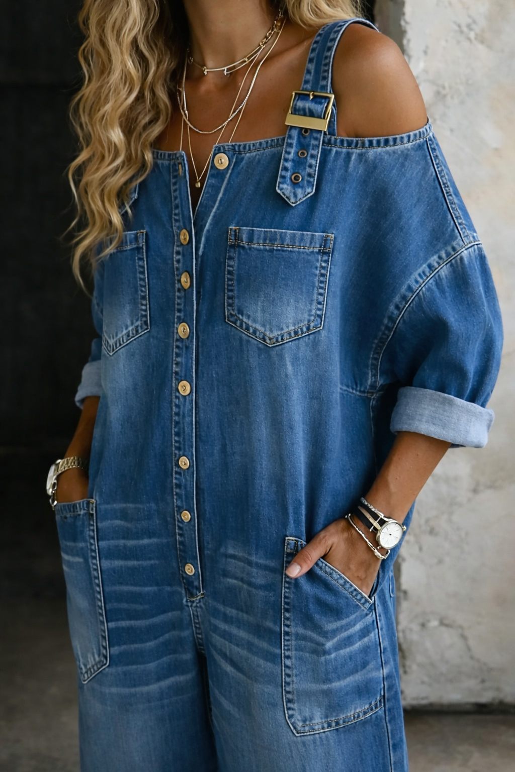 Salopette en denim coton épaules dégagées femme