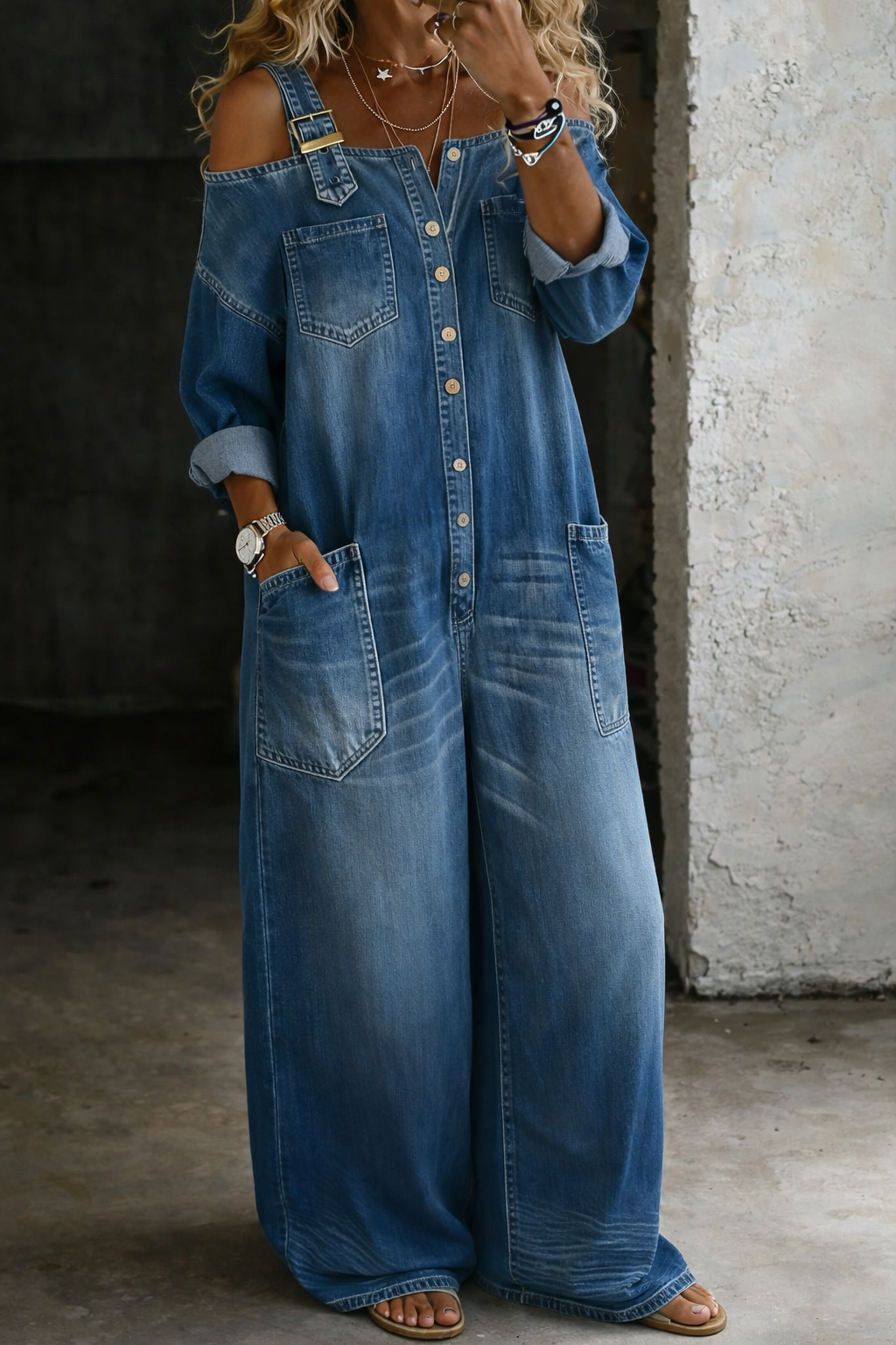 Salopette en denim coton épaules dégagées femme