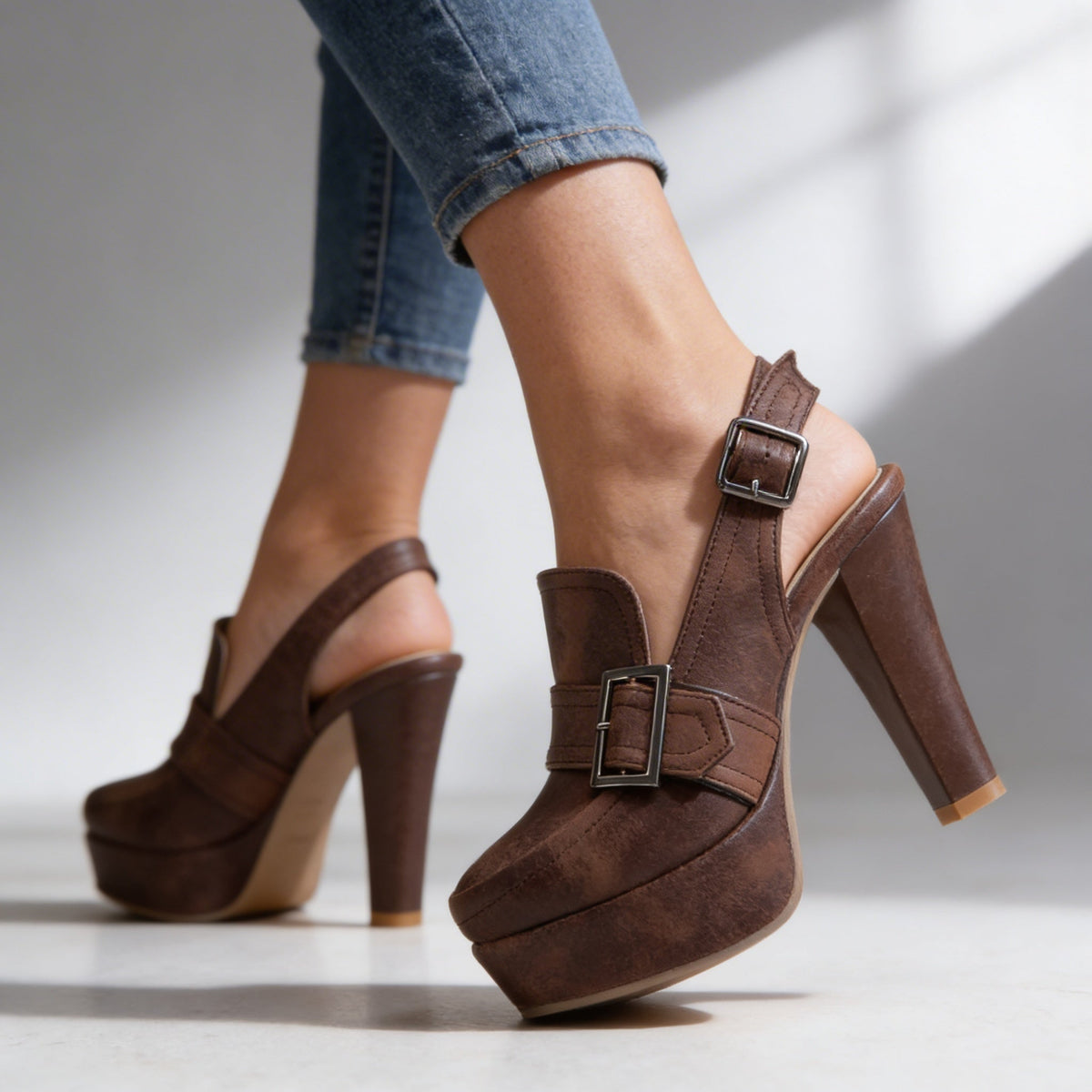 Sandales Slingback Talon Bloc Femme - Marron