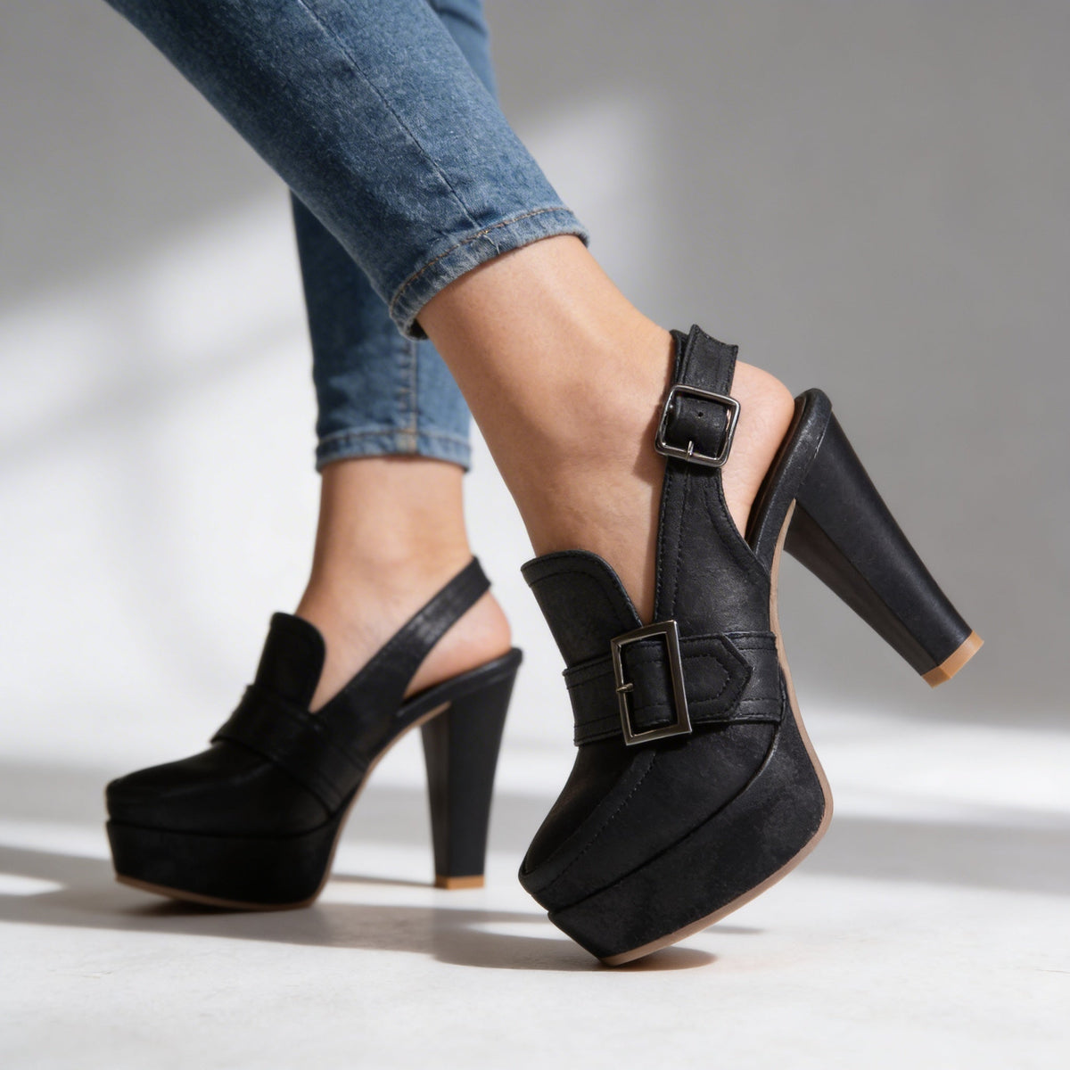 Sandales Slingback Talon Bloc Femme - Noir