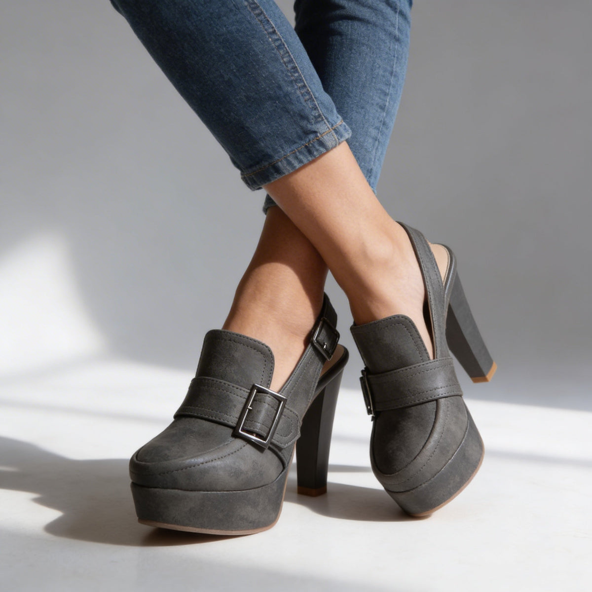 Sandales Slingback Talon Bloc Femme - Gris