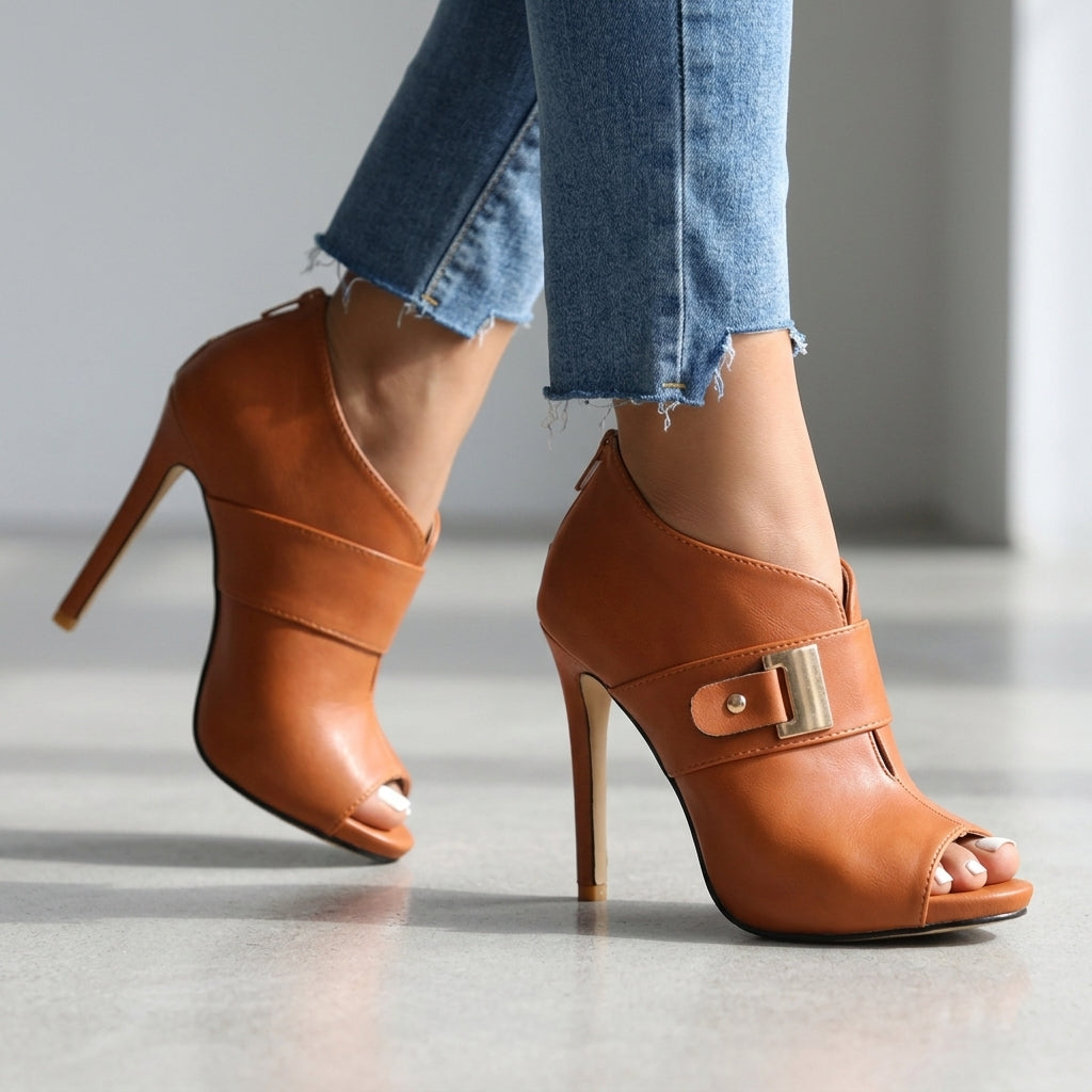 Sandales à talon aiguille femme bout ouvert bride boucle - Marron