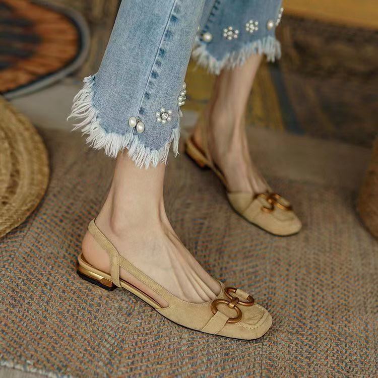 Slingbacks femme en cuir bout rond talon bas - Beige Suede
