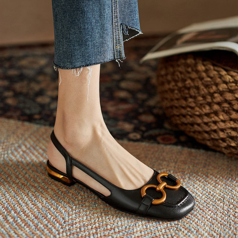 Slingbacks femme en cuir bout rond talon bas - Black Leather