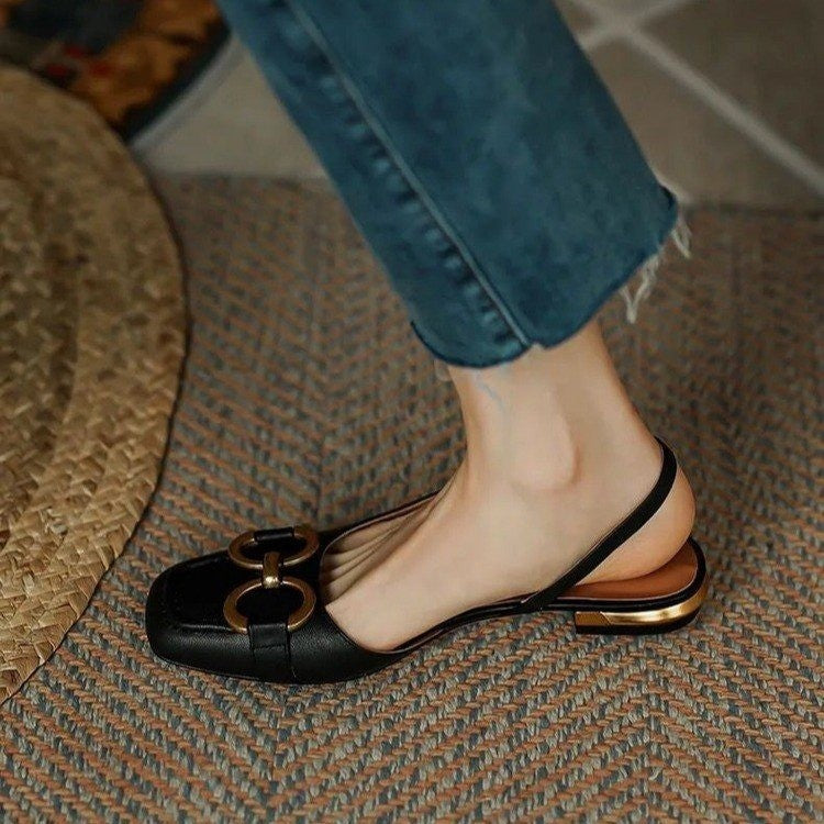 Slingbacks femme en cuir bout rond talon bas