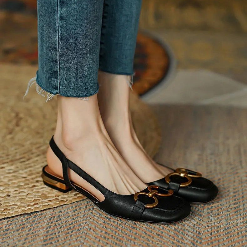 Slingbacks femme en cuir bout rond talon bas