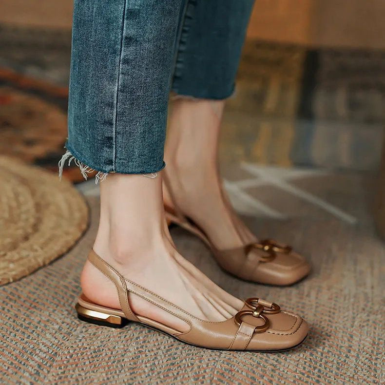 Slingbacks femme en cuir bout rond talon bas - Apricot Leather