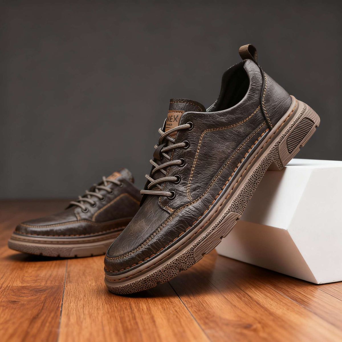 Sneakers en cuir homme semelle amortissante - Marron Foncé