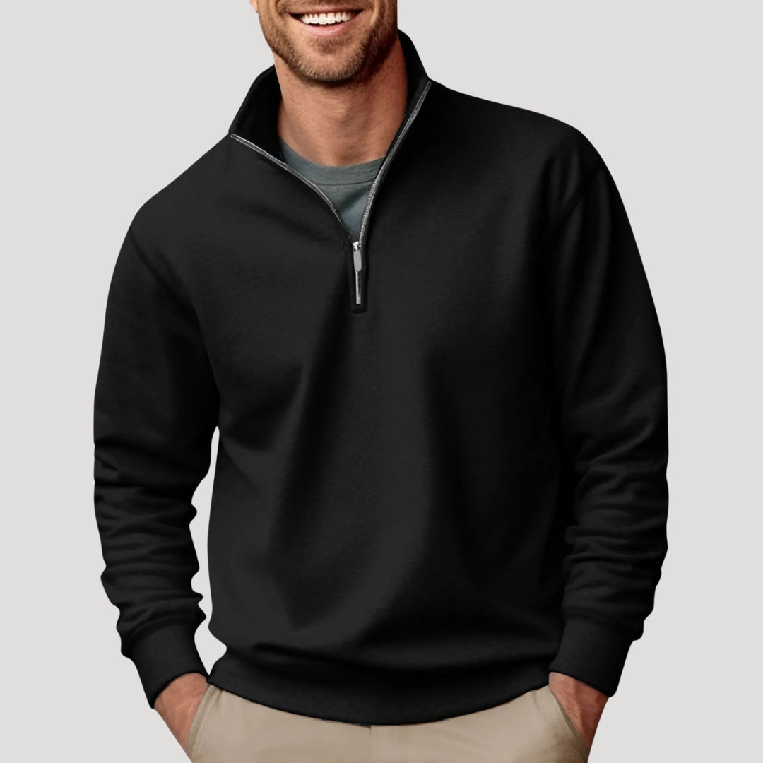 Sweat Demi-Zip Homme Coton Léger Respirant - Noir