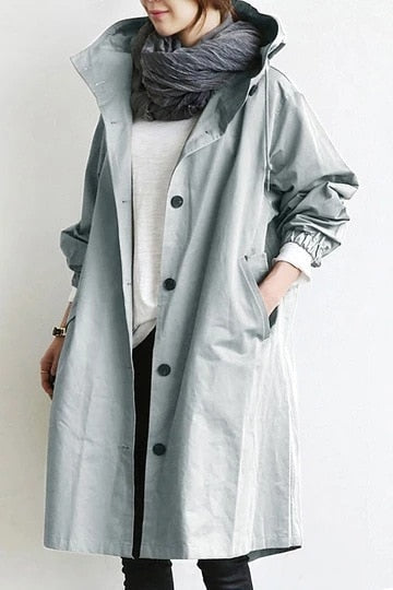 Trench à Capuche Oversize Femme Long Col Montant - Gris Clair