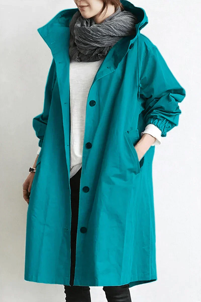 Trench à Capuche Oversize Femme Long Col Montant - Sarcelle