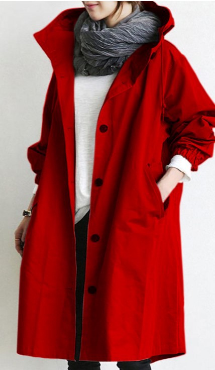 Trench à Capuche Oversize Femme Long Col Montant - Rouge