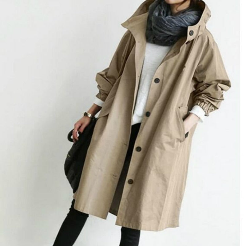 Trench à Capuche Oversize Femme Long Col Montant - Kaki
