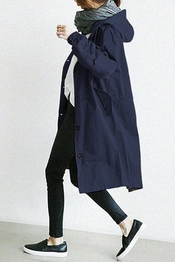 Trench à Capuche Oversize Femme Long Col Montant - Bleu Marine