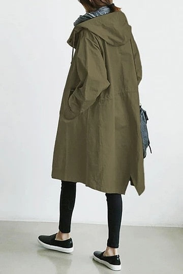 Trench à Capuche Oversize Femme Long Col Montant - Vert Olive