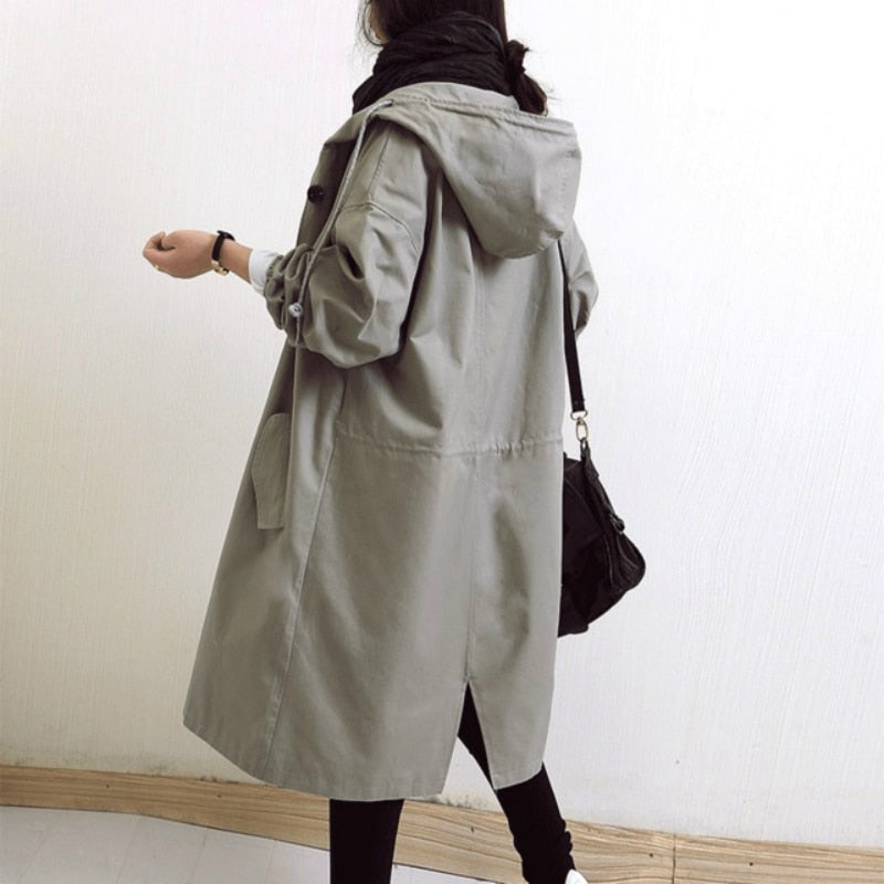 Trench à Capuche Oversize Femme Long Col Montant - Gris