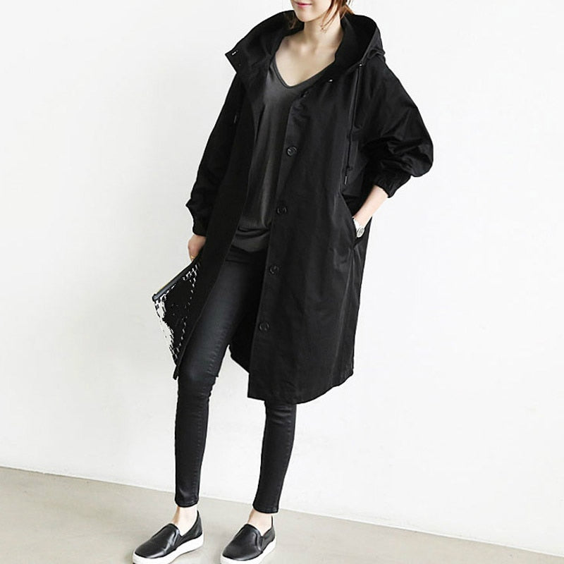 Trench à Capuche Oversize Femme Long Col Montant - Noir
