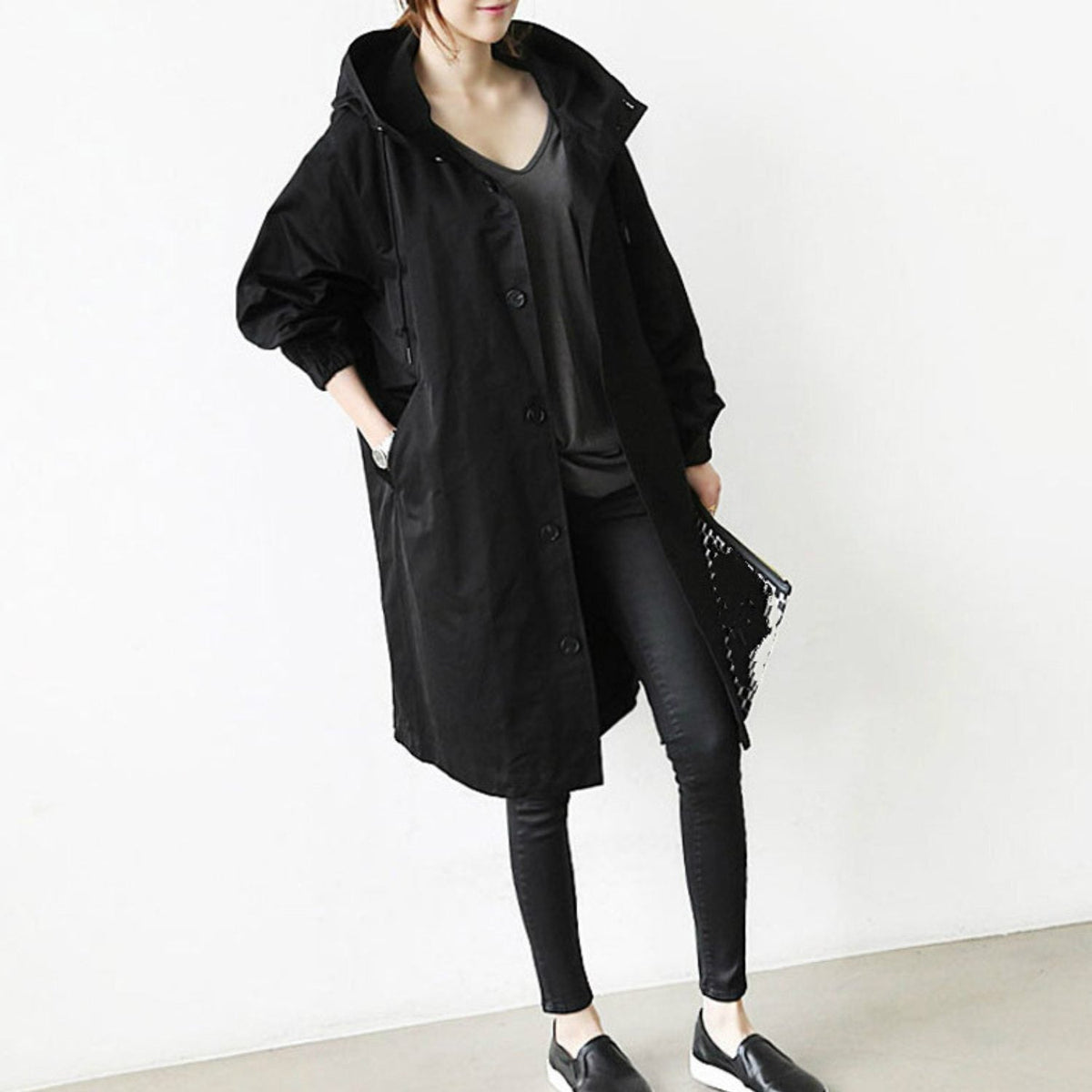 Trench Femme à Capuche Long Oversize - Noir