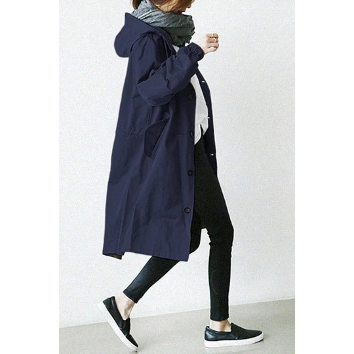 Trench Femme à Capuche Long Oversize - Bleu Foncé