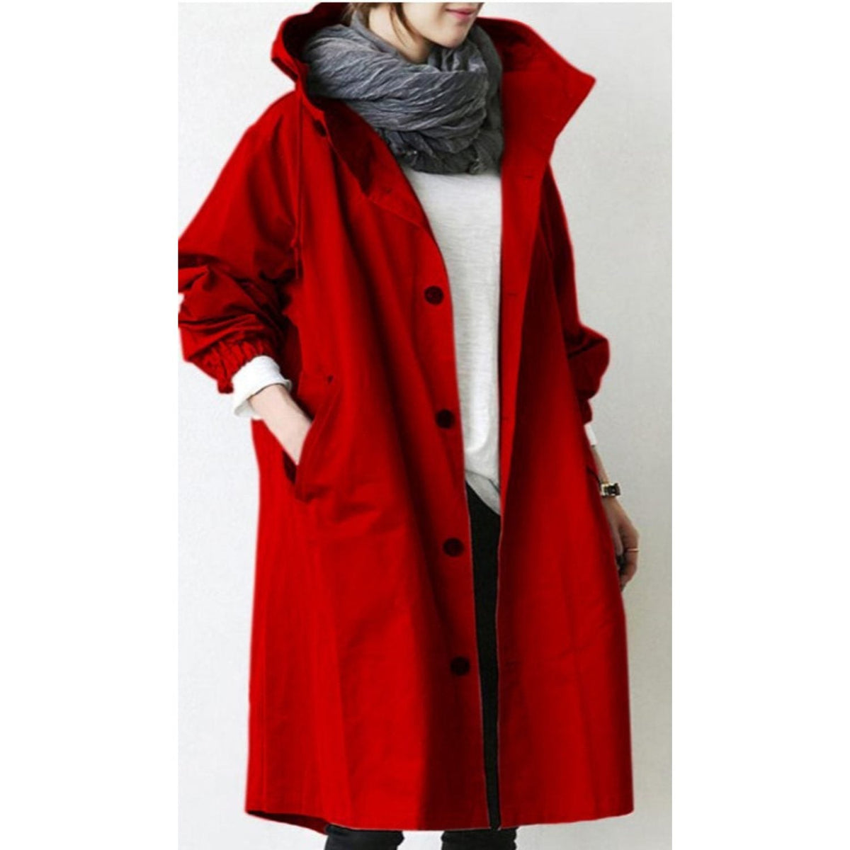Trench Femme à Capuche Long Oversize - Rouge