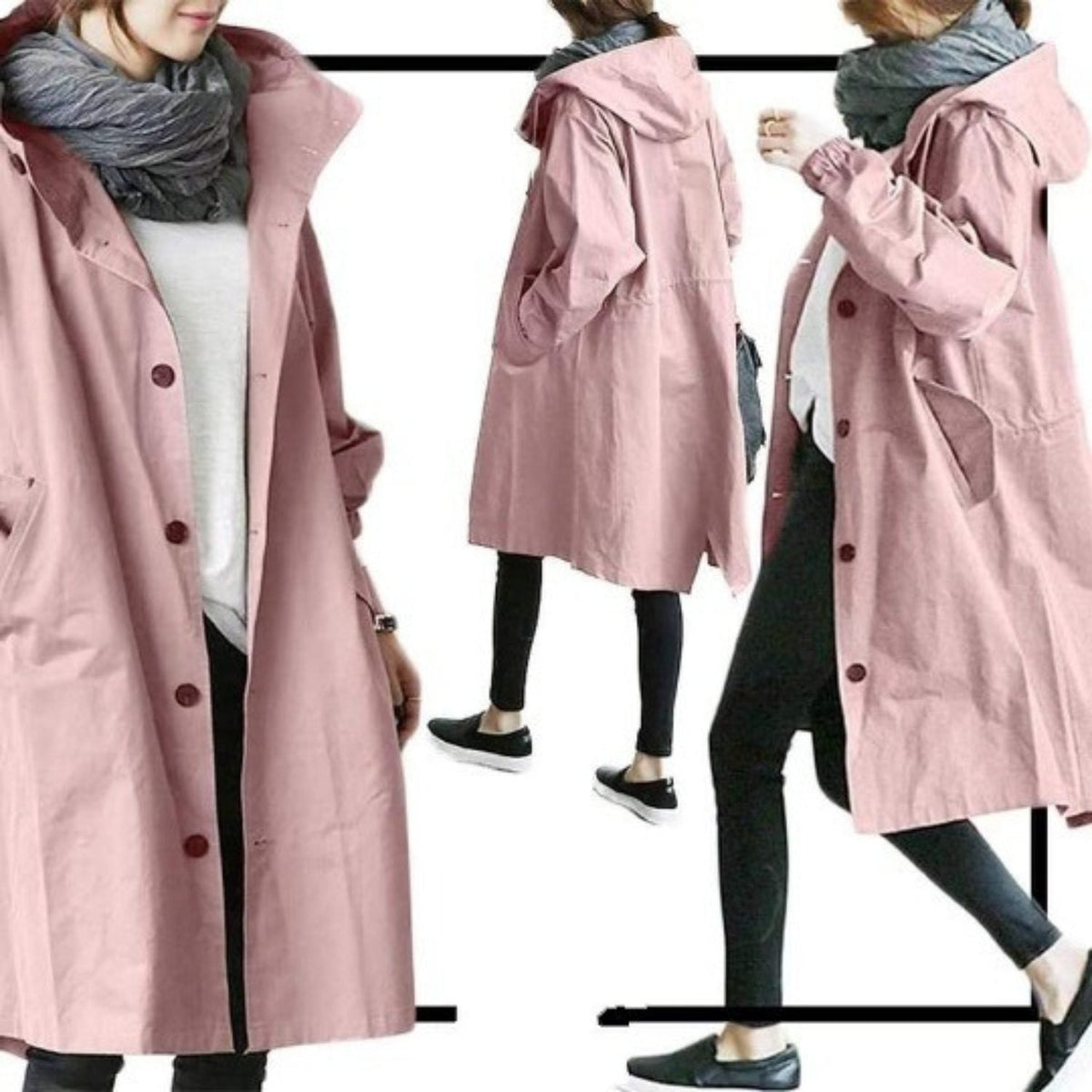 Trench Femme à Capuche Long Oversize - Rose