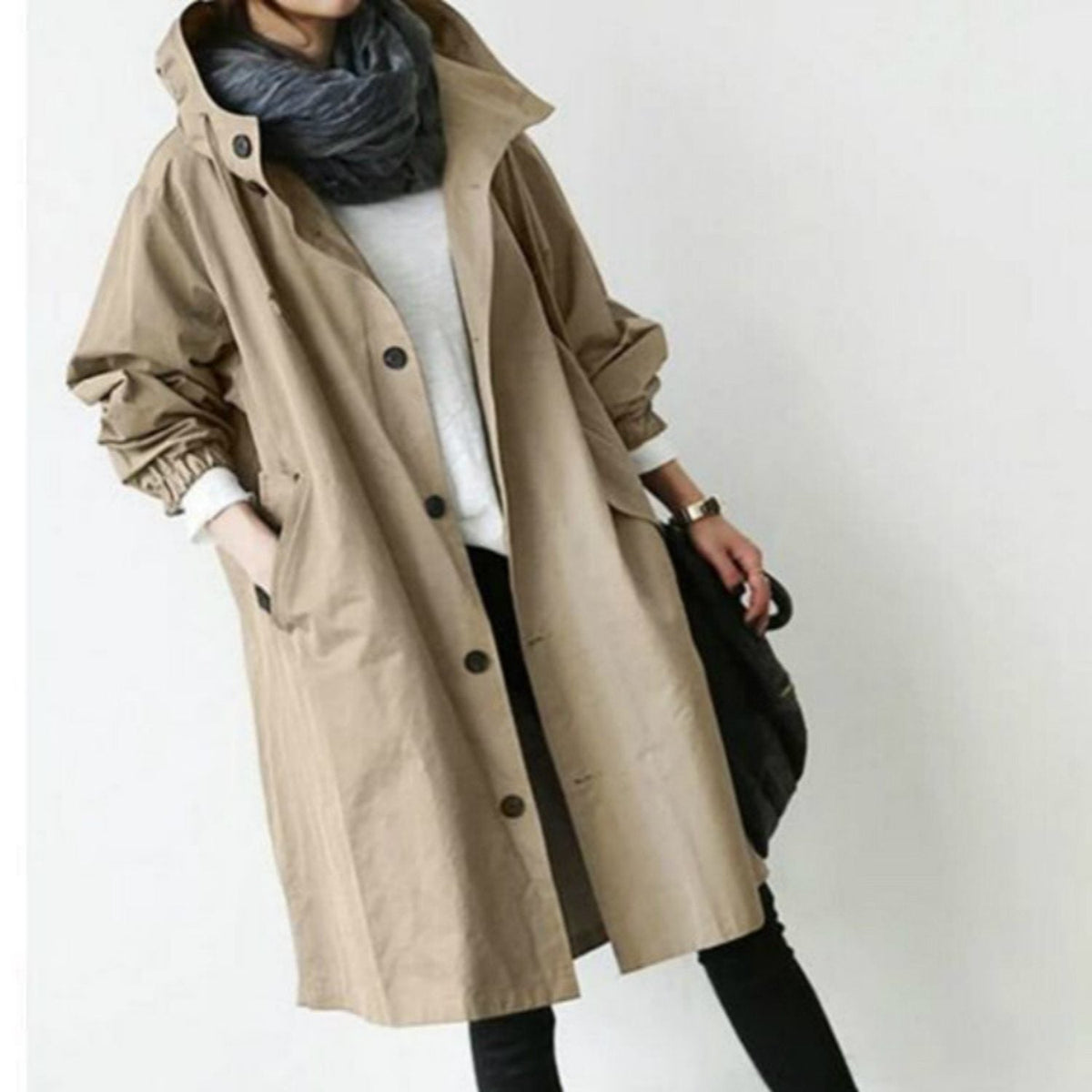 Trench Femme à Capuche Long Oversize - Kaki