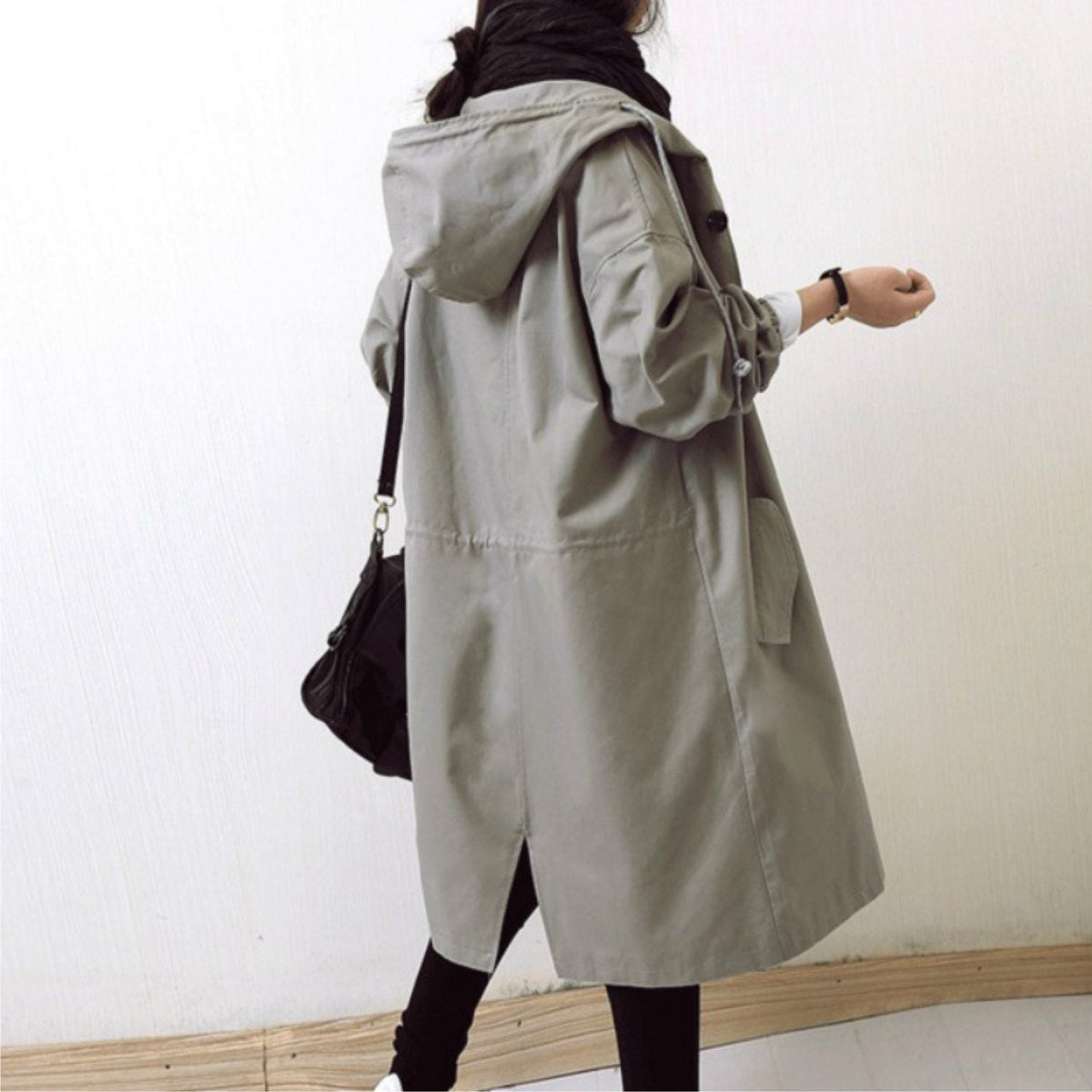 Trench Femme à Capuche Long Oversize - Gris