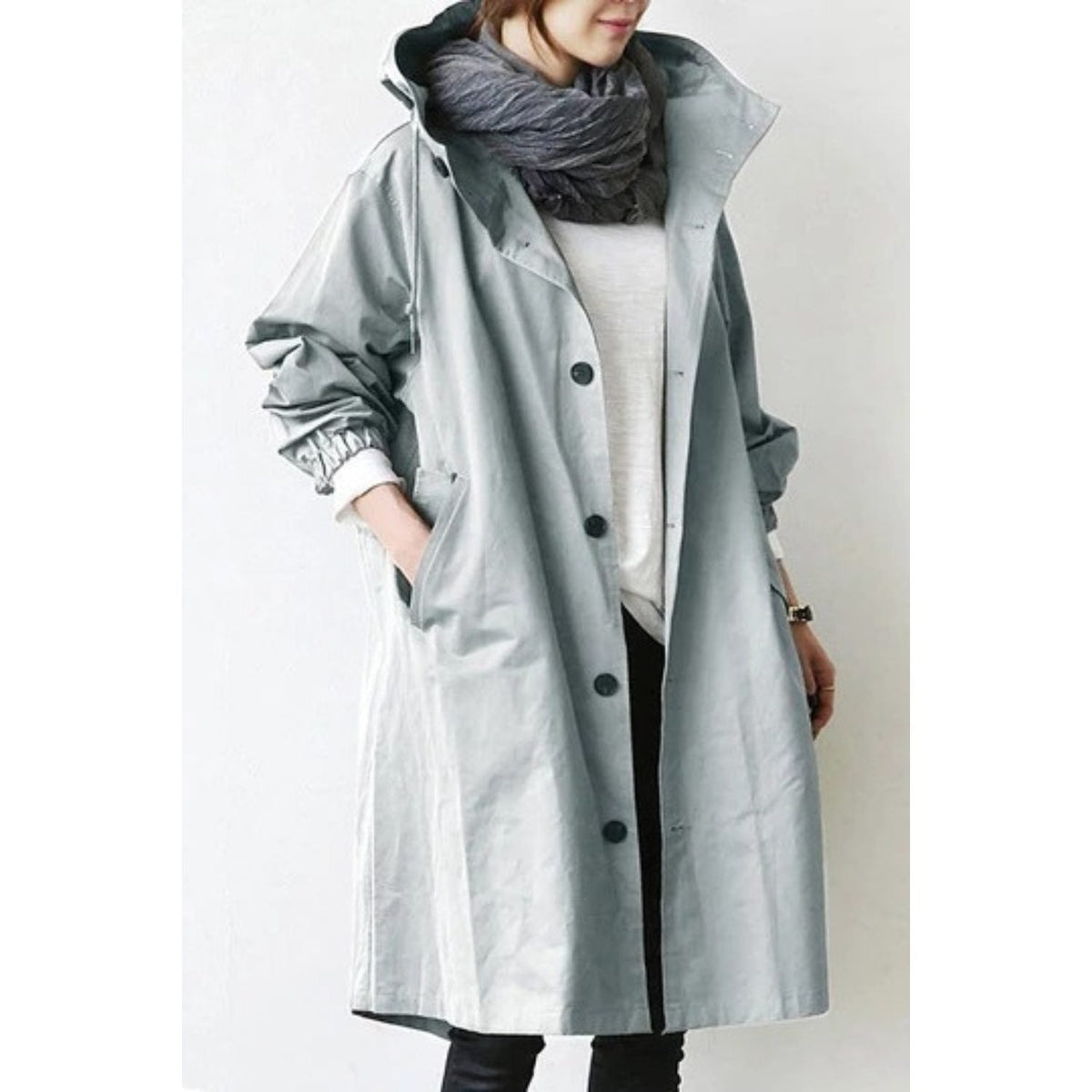 Trench Femme à Capuche Long Oversize - Gris Clair